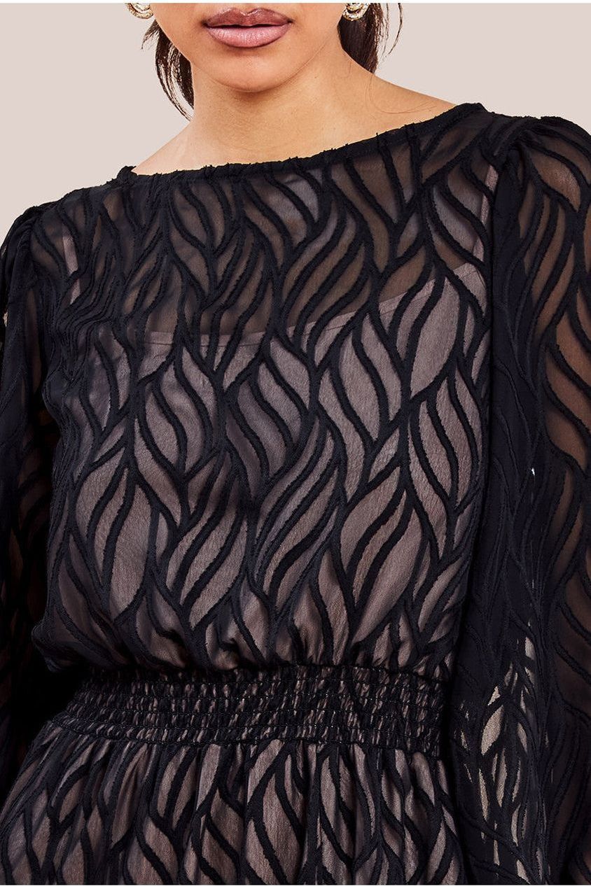Black Geo Print Front Slit Chiffon Maxi Dress DR4413
