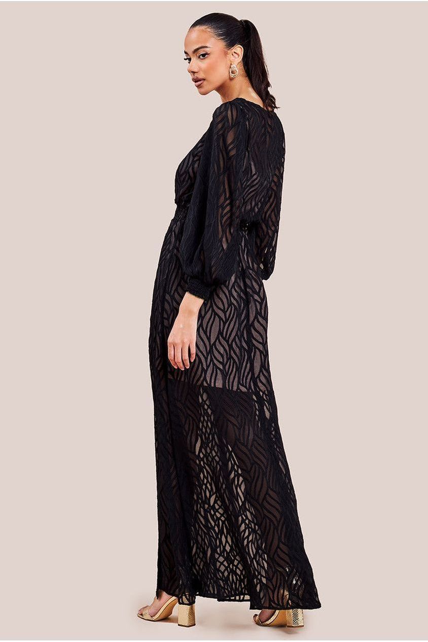 Black Geo Print Front Slit Chiffon Maxi Dress DR4413