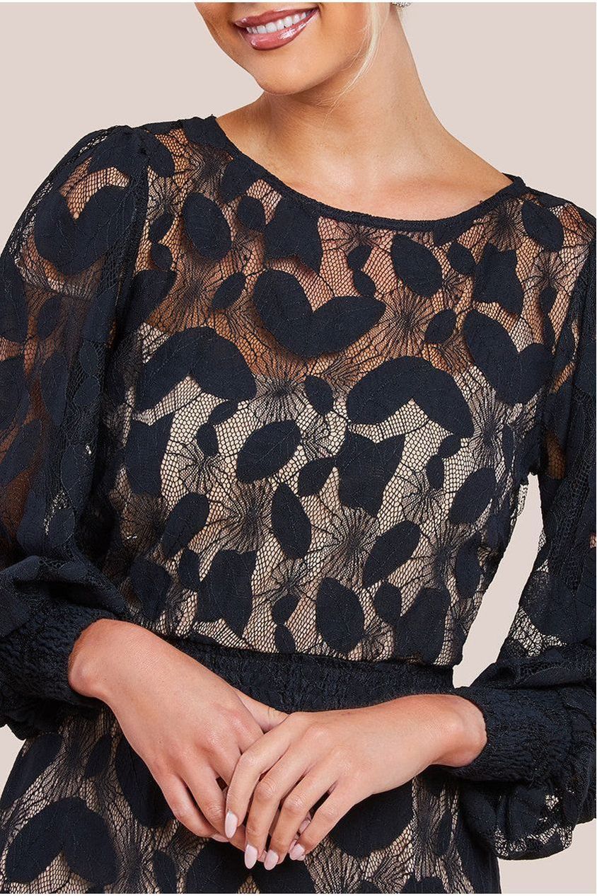 Black Lace Long Sleeve Front Slit Maxi Dress DR4476