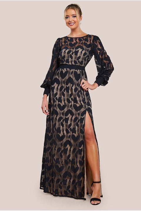 Black Lace Long Sleeve Front Slit Maxi Dress by Goddiva