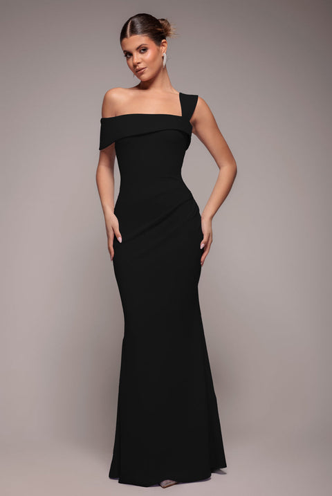 Black Off Shoulder Pleated Waist Maxi Dress by Goddiva