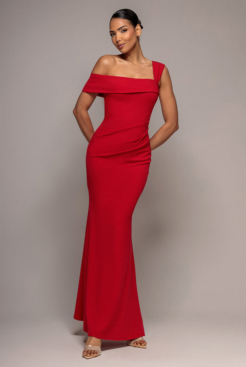 Red Off Shoulder Pleated Waist Maxi Dress by Goddiva