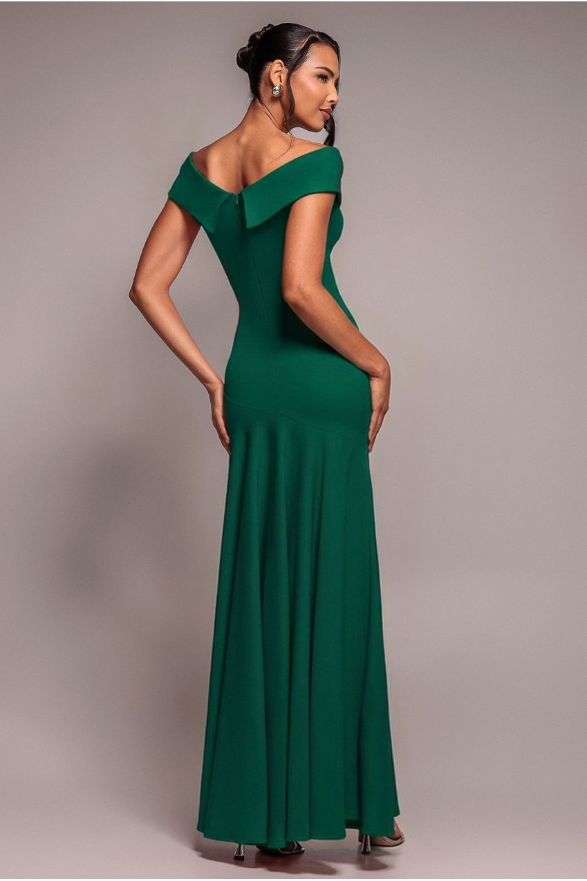 Emerald Off-Shoulder Front Slit Scuba Crepe Maxi Dress DR2930SC