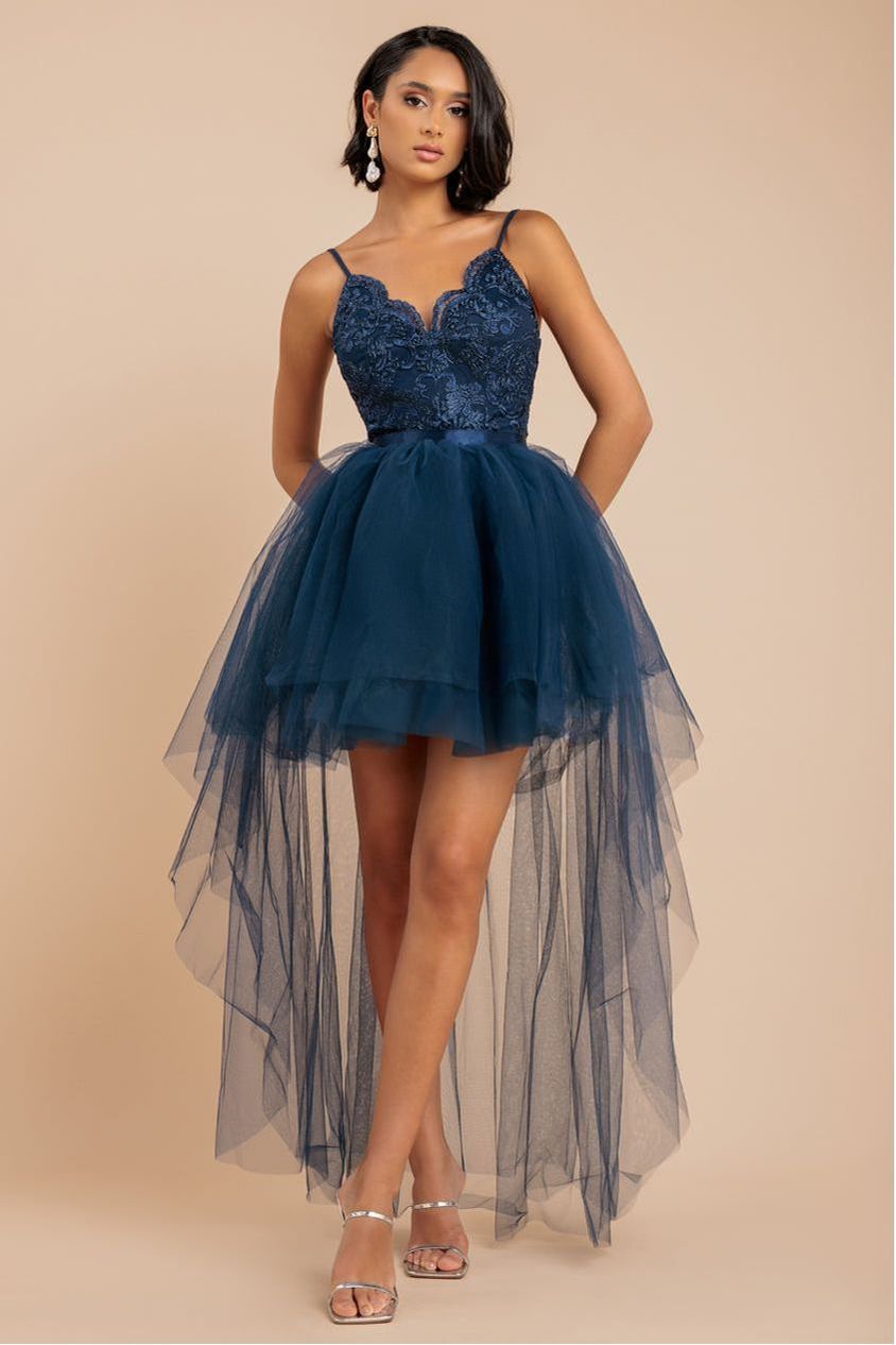 Navy Lace Bodice High-Low Tulle Mini Dress DR3061