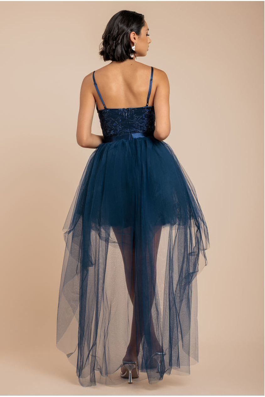 Navy Lace Bodice High-Low Tulle Mini Dress DR3061