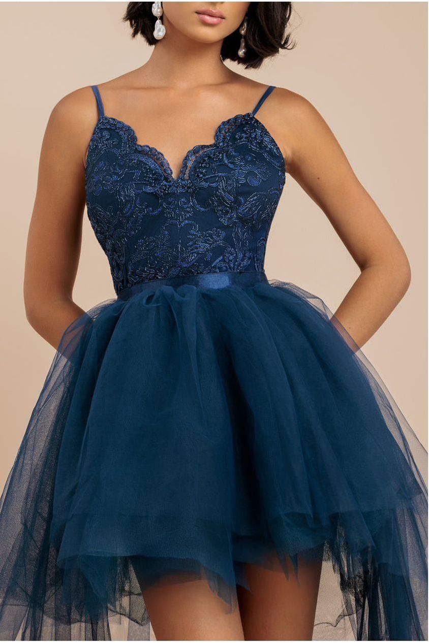 Navy Lace Bodice High-Low Tulle Mini Dress DR3061