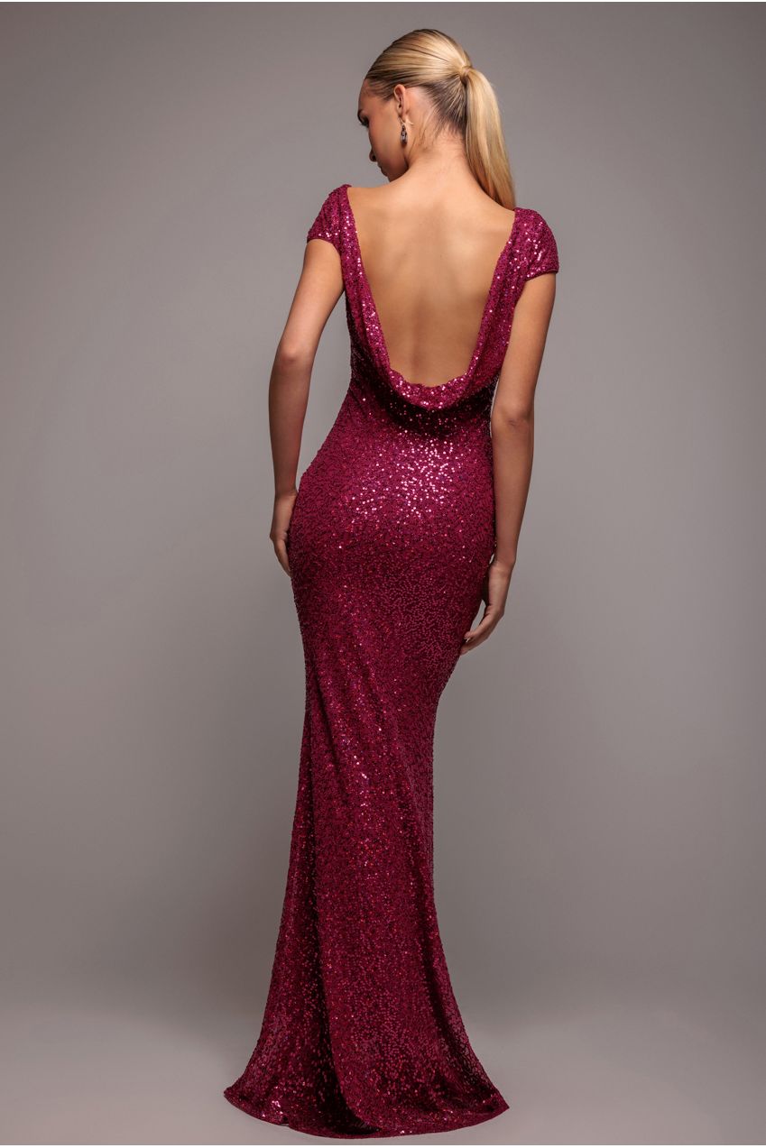 Burgundy Embellished Sequin Cowl Back Cocktail Maxi Dress DR3191