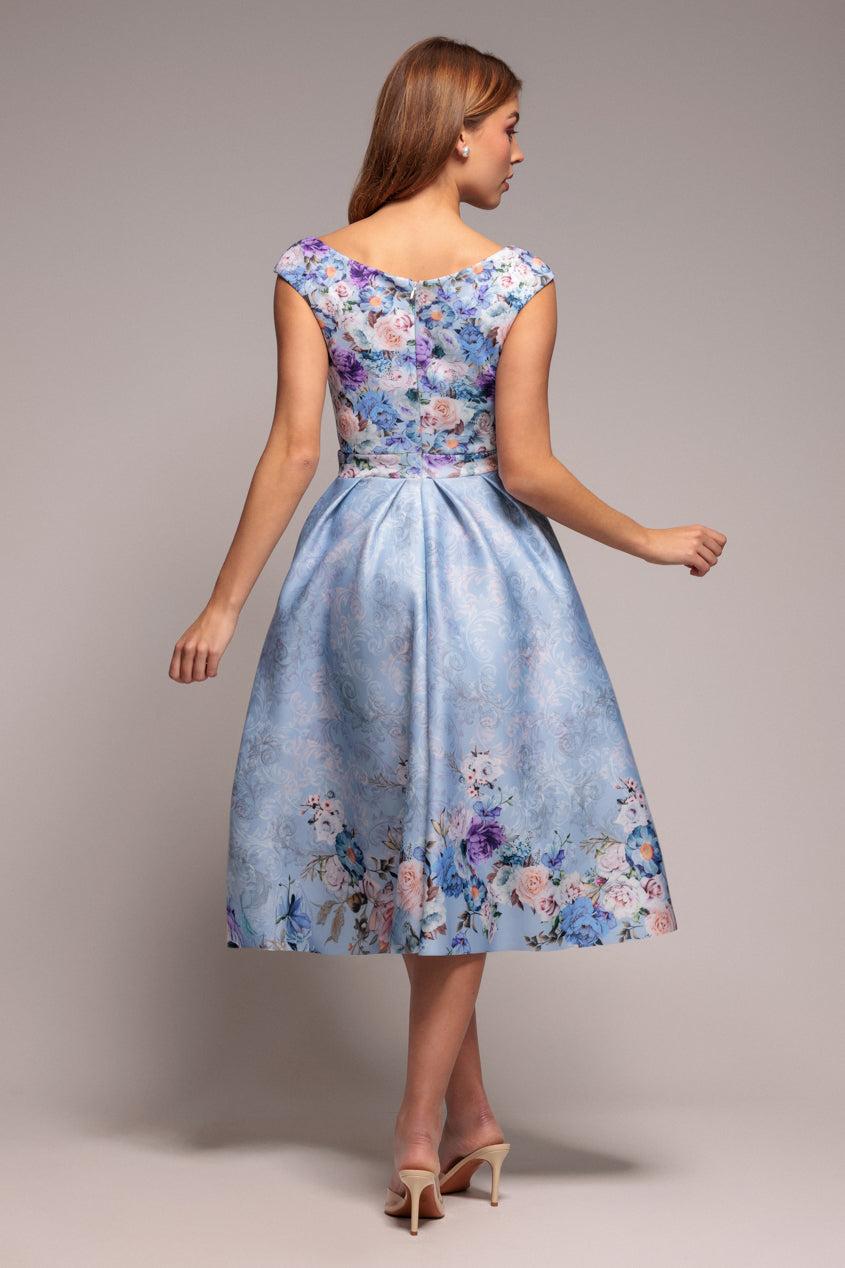 Powder Blue Floral Sweetheart Neck A-Line Midi Dress DR3207
