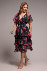 Black Floral Layered Flutter Sleeve A-Line Midi Dress by Goddiva