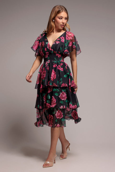 Black Floral Layered Flutter Sleeve A-Line Midi Dress by Goddiva