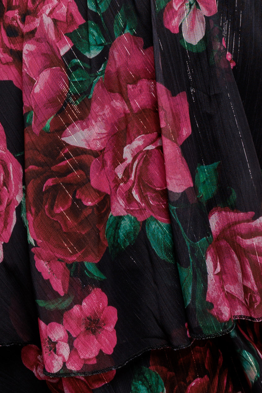 Black Floral Layered Flutter Sleeve A-Line Midi Dress DR3219QZ