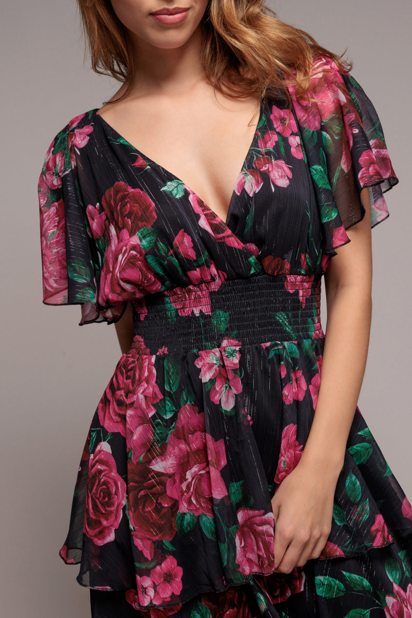 Black Floral Layered Flutter Sleeve A-Line Midi Dress DR3219QZ