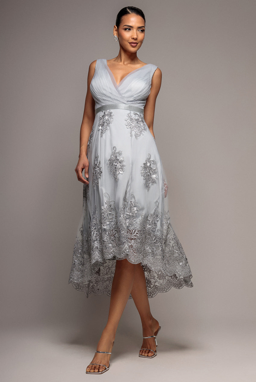 Grey Lace & Sequin Bodice Pleated High-Low Midi Dress DR3337QZ