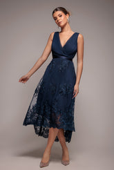 Navy Lace & Sequin Bodice Pleated High-Low Midi Dress by Goddiva
