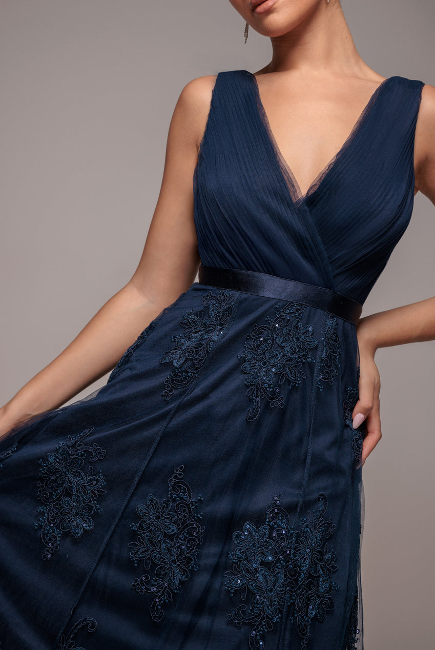 Navy Lace & Sequin Bodice Pleated High-Low Midi Dress DR3337QZ