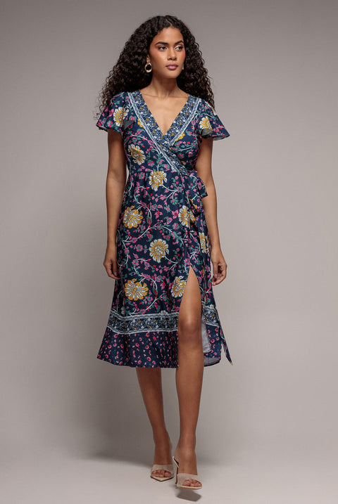 Navy Floral Print Satin Wrap Flutter Sleeve Midi Dress by Goddiva