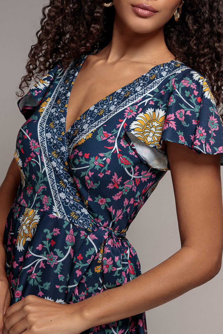 Navy Floral Print Satin Wrap Flutter Sleeve Midi Dress DR3440