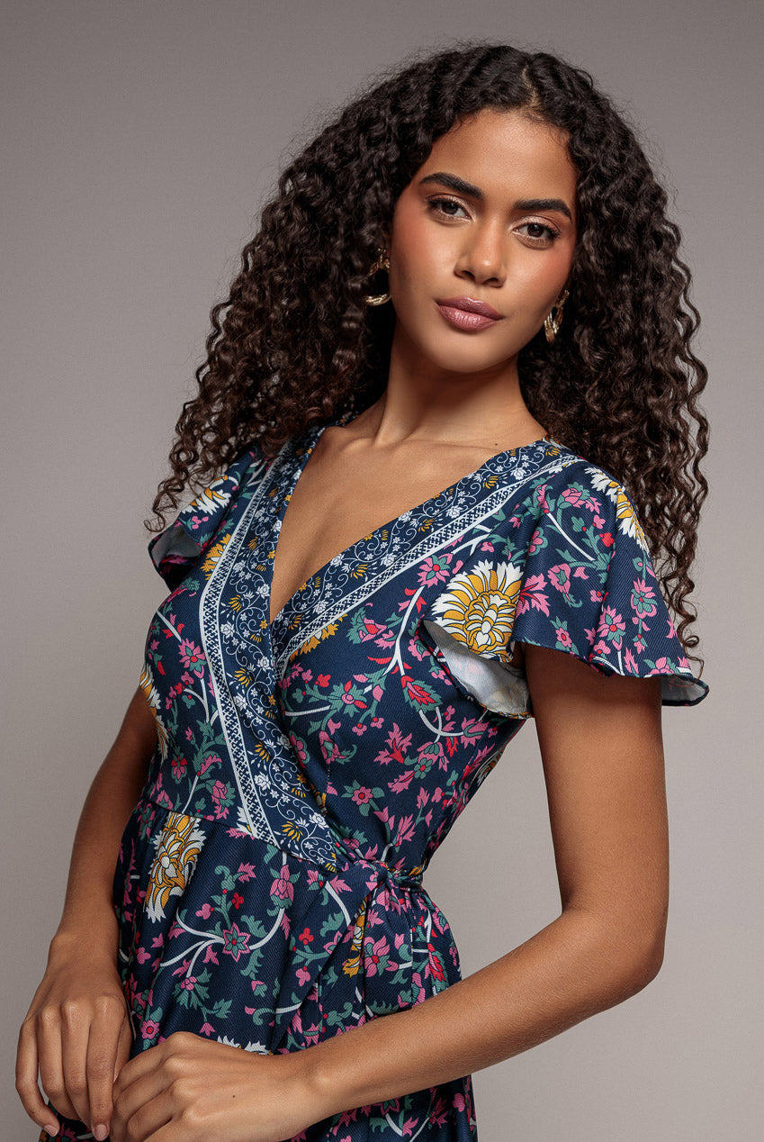 Navy Floral Print Satin Wrap Flutter Sleeve Midi Dress DR3440