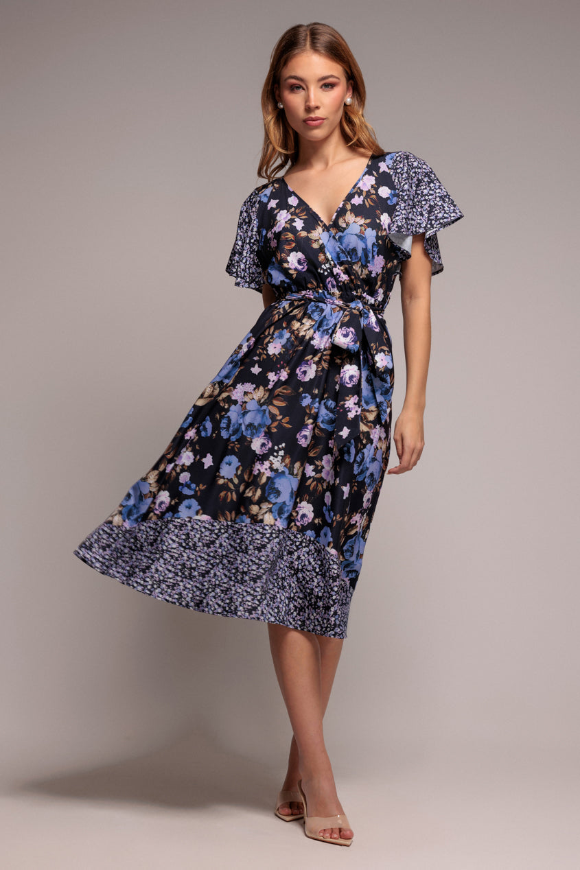 Navy Print Flutter Sleeve A-Line Midi Dress DR3462
