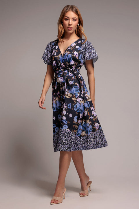 Navy Print Flutter Sleeve A-Line Midi Dress by Goddiva