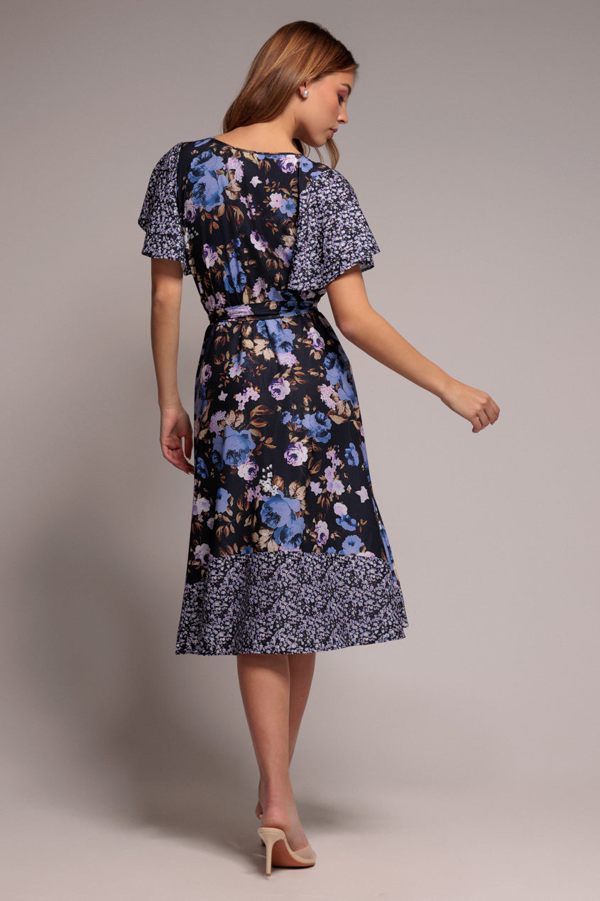 Navy Print Flutter Sleeve A-Line Midi Dress DR3462