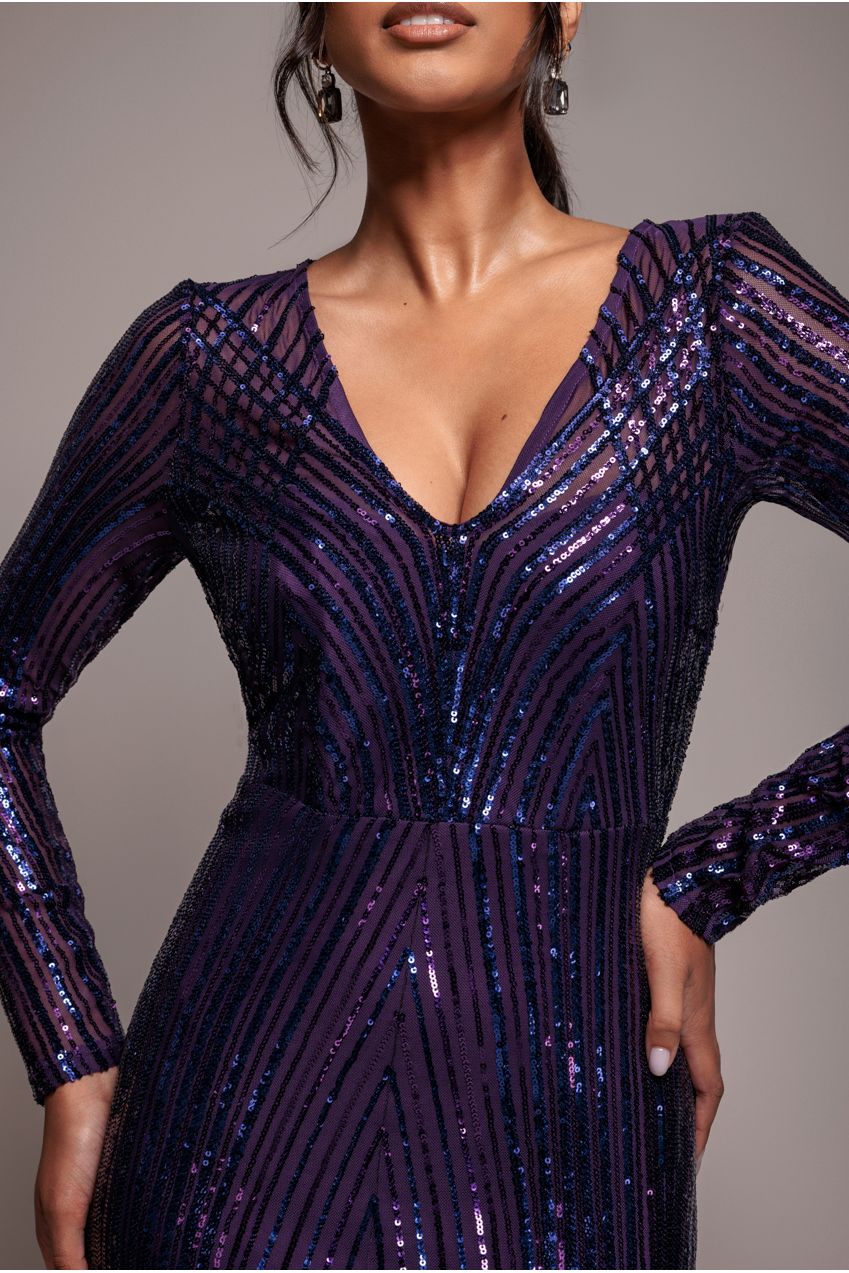 Purple Two-Tone Sequin V-Neck Cocktail Maxi Dress DR3494