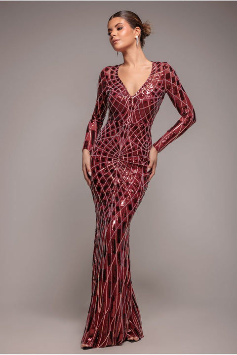 Wine Geometric Sequin Long Sleeve Cocktail Maxi Dress by Goddiva