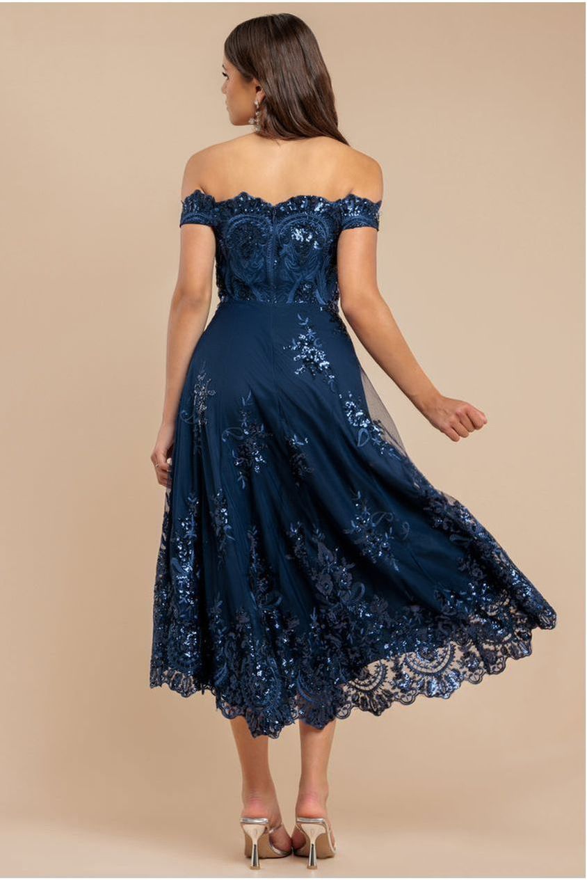 Navy Sequin & Lace Off-Shoulder High-Low Midi Dress DR3675
