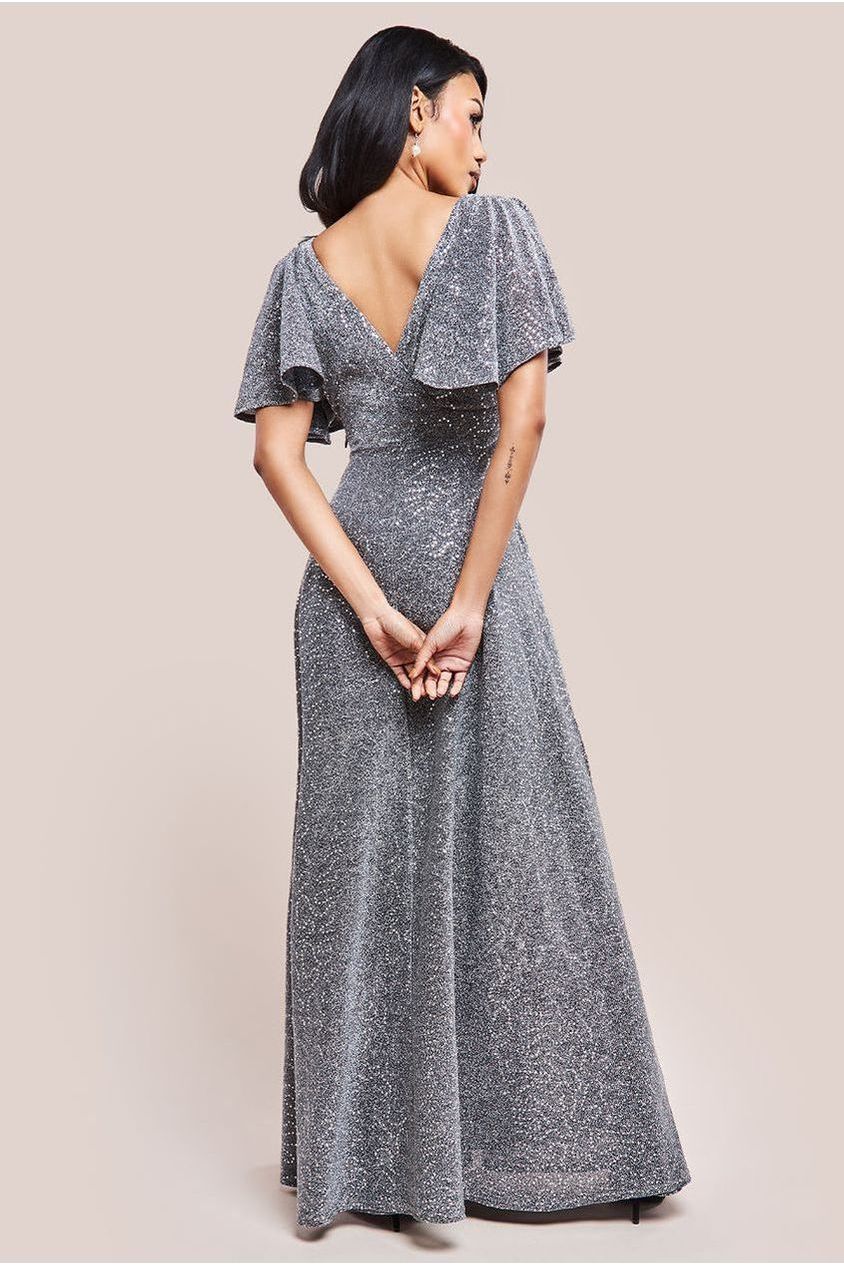 Silver Sequin Shimmer Flutter Sleeve Cocktail Maxi Dress DR3680