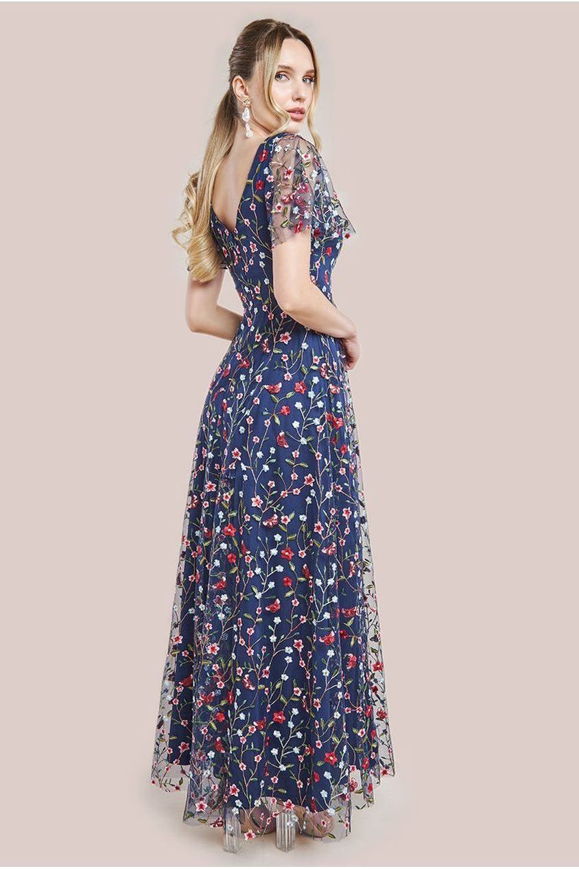 Navy Floral Embroidered Flutter Sleeve Maxi Dress DR3798