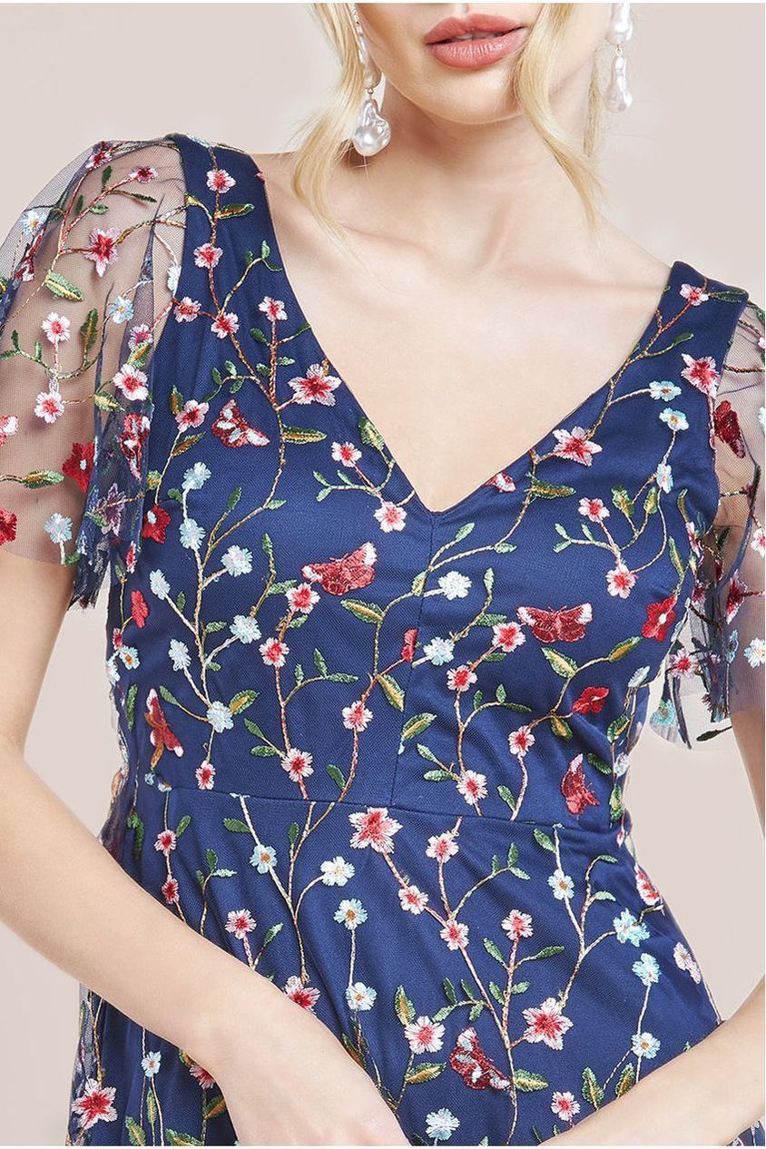 Navy Floral Embroidered Flutter Sleeve Maxi Dress DR3798
