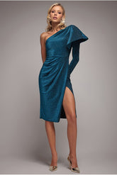 Blue Shimmer Lurex One Sleeve Frill Midi Dress by Goddiva