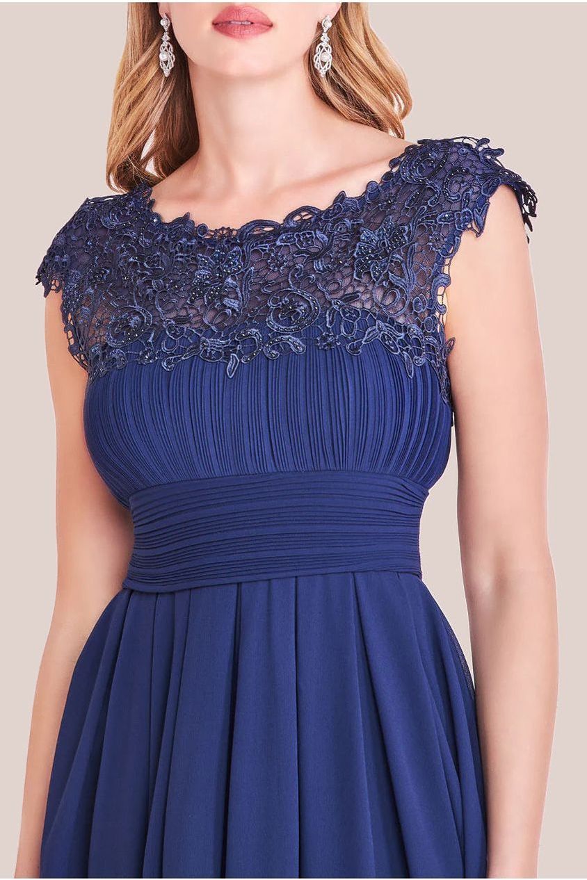 Navy Crochet & Pleated High-Low Maxi Dress DR3820