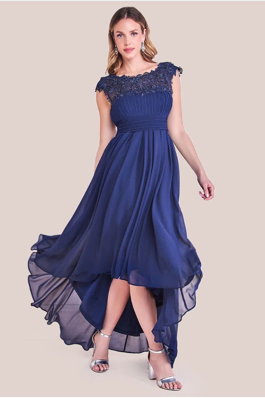 Navy Crochet & Pleated High-Low Maxi Dress DR3820