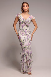 Multicolour Floral Printed Ruffle Neck Chiffon Maxi Dress by Goddiva