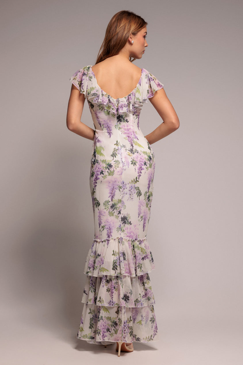 Multicolour Floral Printed Ruffle Neck Chiffon Maxi Dress DR3881QZ