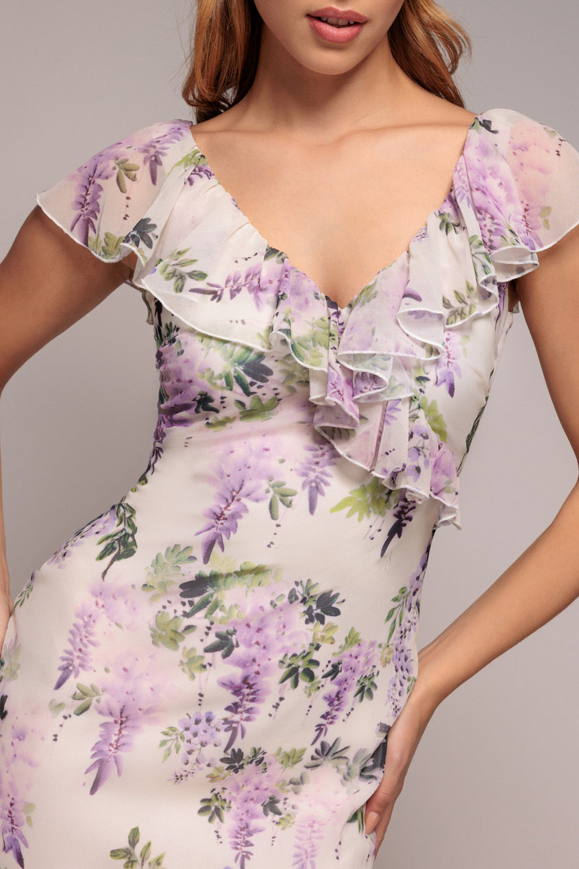 Multicolour Floral Printed Ruffle Neck Chiffon Maxi Dress DR3881QZ
