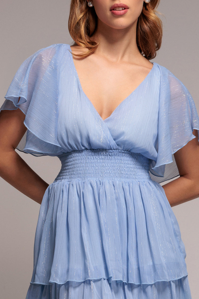 Light Blue Shimmer Lurex Chiffon Tiered Midi Dress DR3905QZ