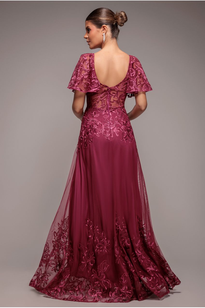 Burgundy Embroidered Mesh Flutter Sleeve A-Line Maxi Dress DR3942