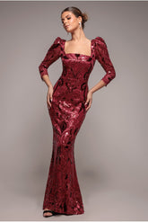 Wine Embroidered Scalloped Sequin Square Neck Cocktail Maxi Dress by Goddiva