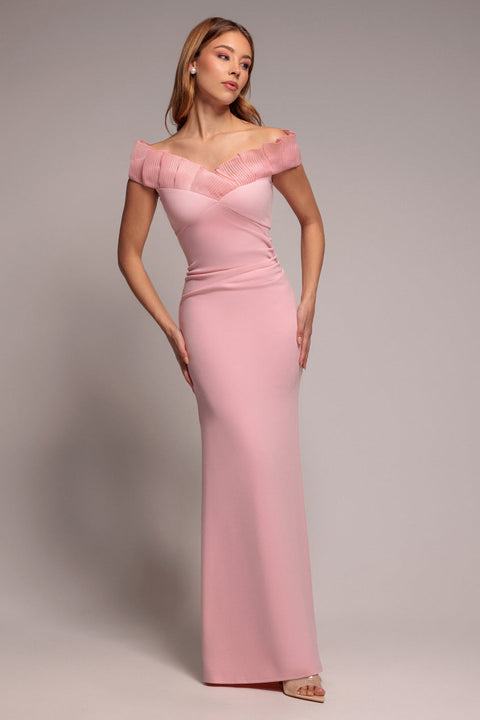 Blush Pink Fan Pleated Off-Shoulder Scuba Crepe Maxi Dress by Goddiva