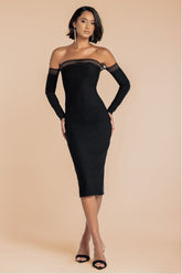 Black Ribbed Bandeau Bodycon Midi Dress With Slit by Goddiva