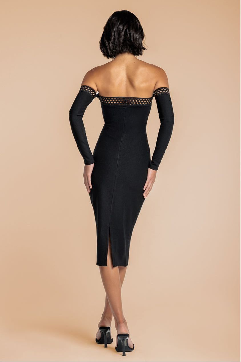 Black Ribbed Bandeau Bodycon Midi Dress With Slit DR4186