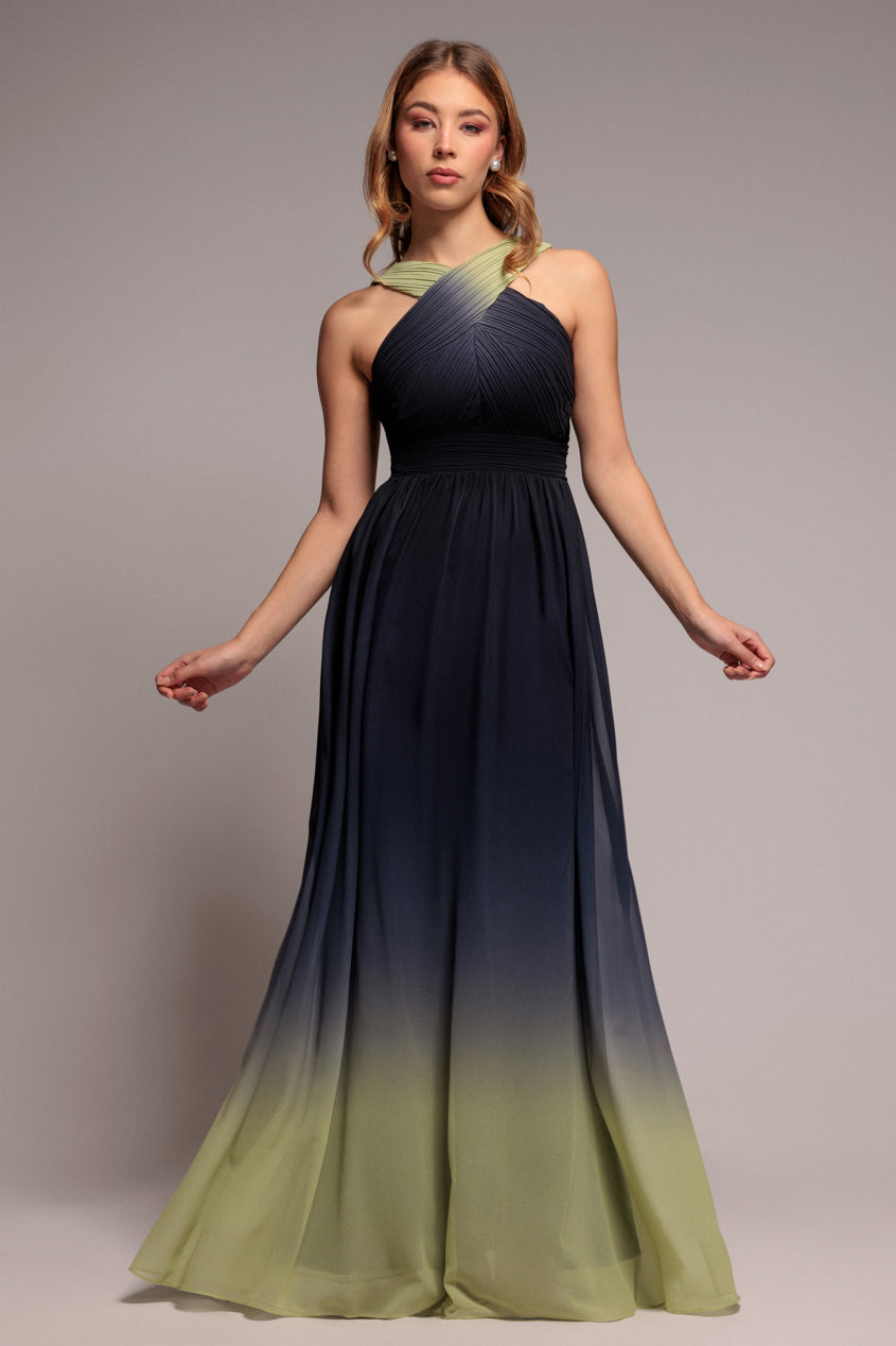 Lime Ombre Pleated Cross-Front Chiffon Maxi Dress DR4188