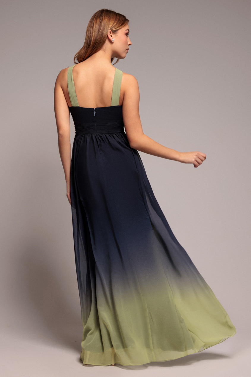 Lime Ombre Pleated Cross-Front Chiffon Maxi Dress DR4188