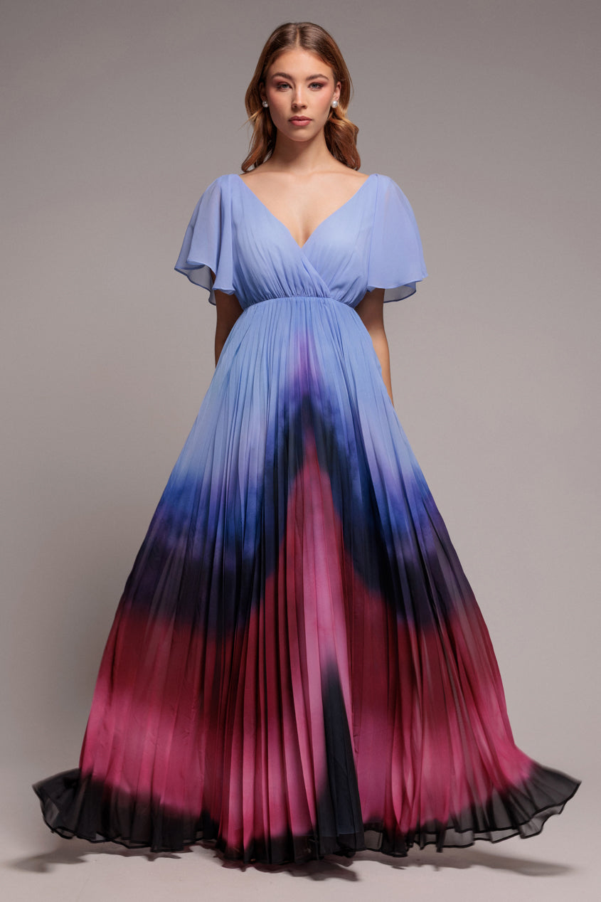 Blue Wavy Ombre A-Line Chiffon Maxi Dress DR4207