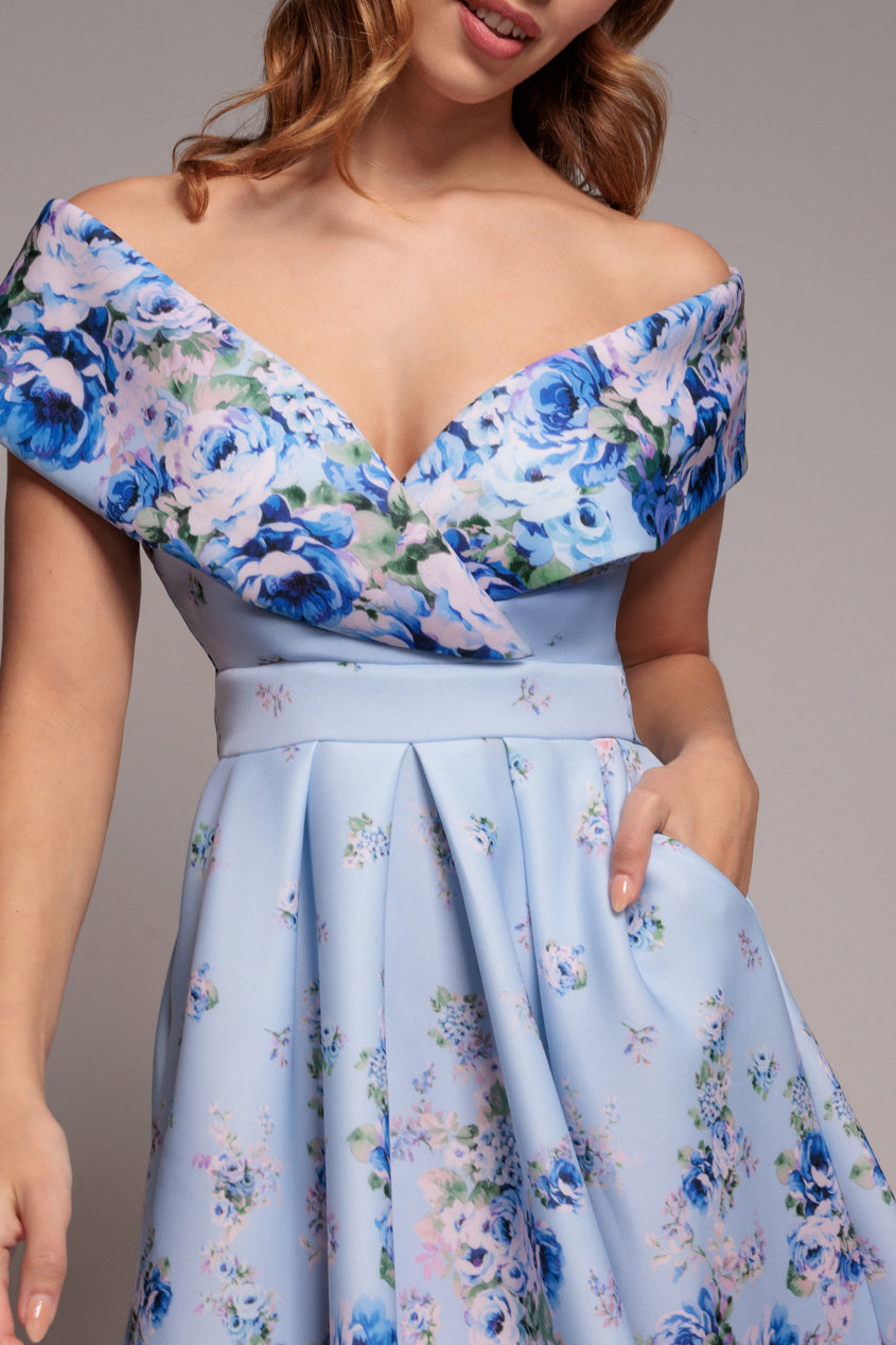 Blue Floral Off-Shoulder Bardot A-Line Midi Dress DR4228