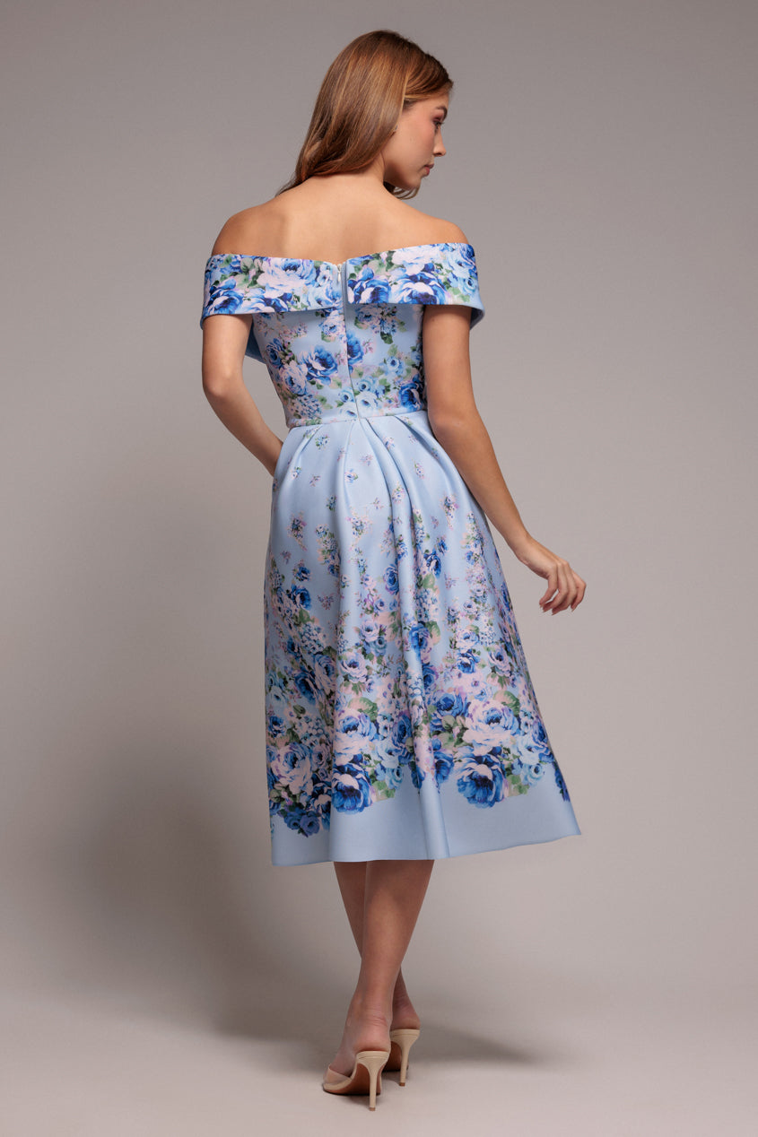 Blue Floral Off-Shoulder Bardot A-Line Midi Dress DR4228