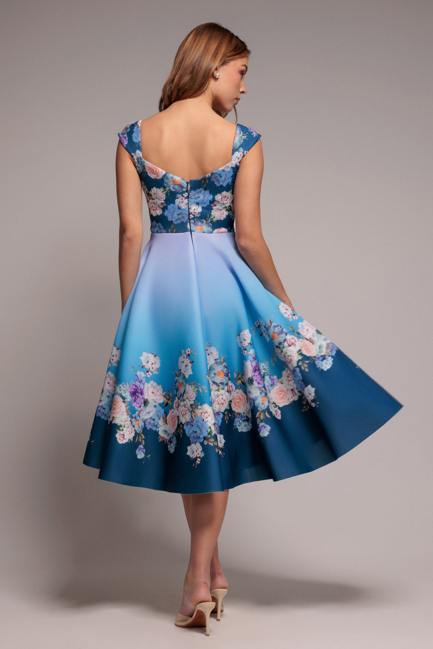 Blue Floral Print Fit & Flare Skater Dress DR4269