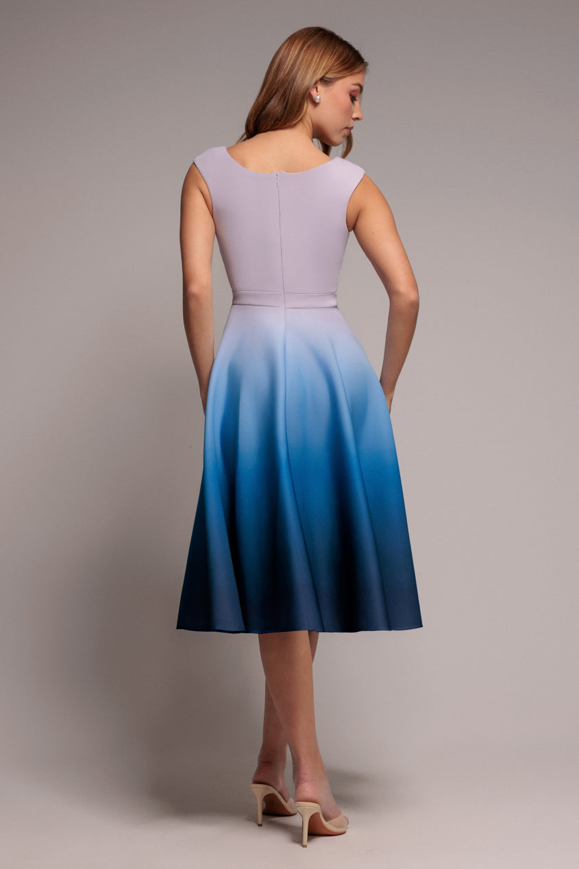 Light Blue Ombre Off-Shoulder Bardot A-Line Midi Dress DR4283QZ